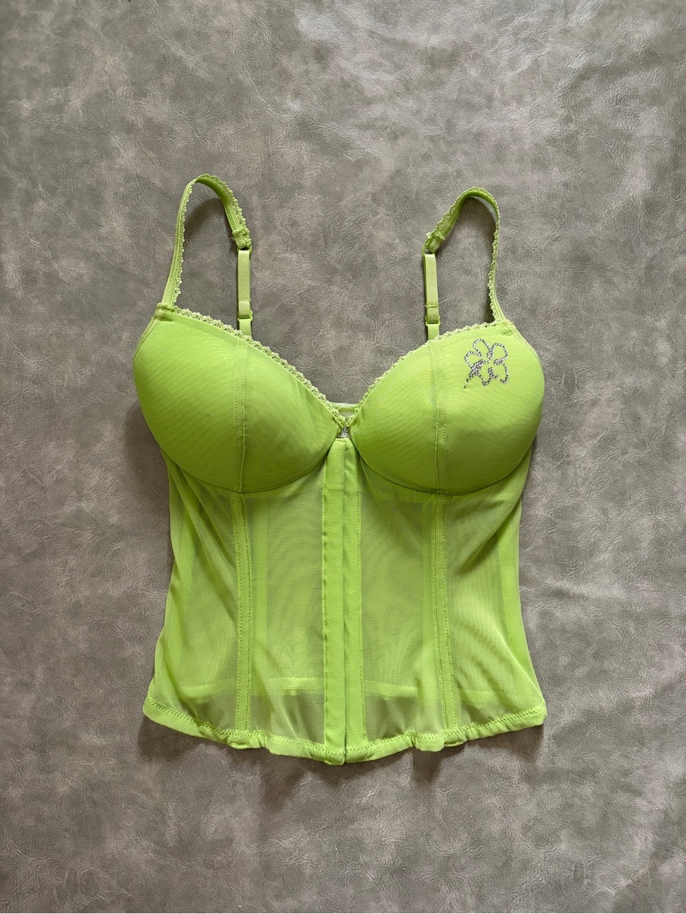 Y2K Lasenza Lime Green Cyber Coquette Baddie Corset Bustier Mesh Bra Top - Picture 6 of 16